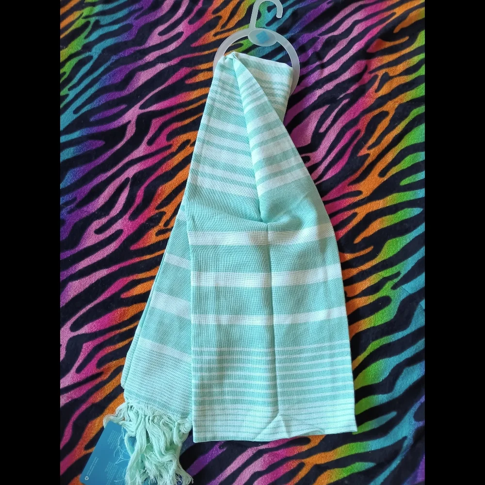🖤NWT Columbia Early Tide Cotton Scarf Striped Green Tassles One Size Unisex